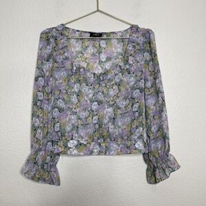 Milk & Honey Top Size Large Floral Purple Puff Sleeve Sheer Preppy Coquette